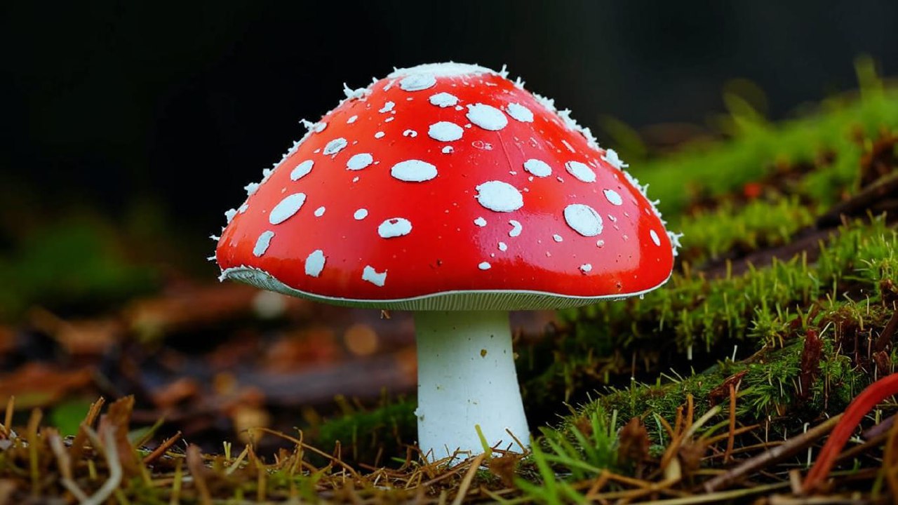 Красный мухомор (Amanita Muscaria) с белыми хлопьями и ярко-красной шляпкой