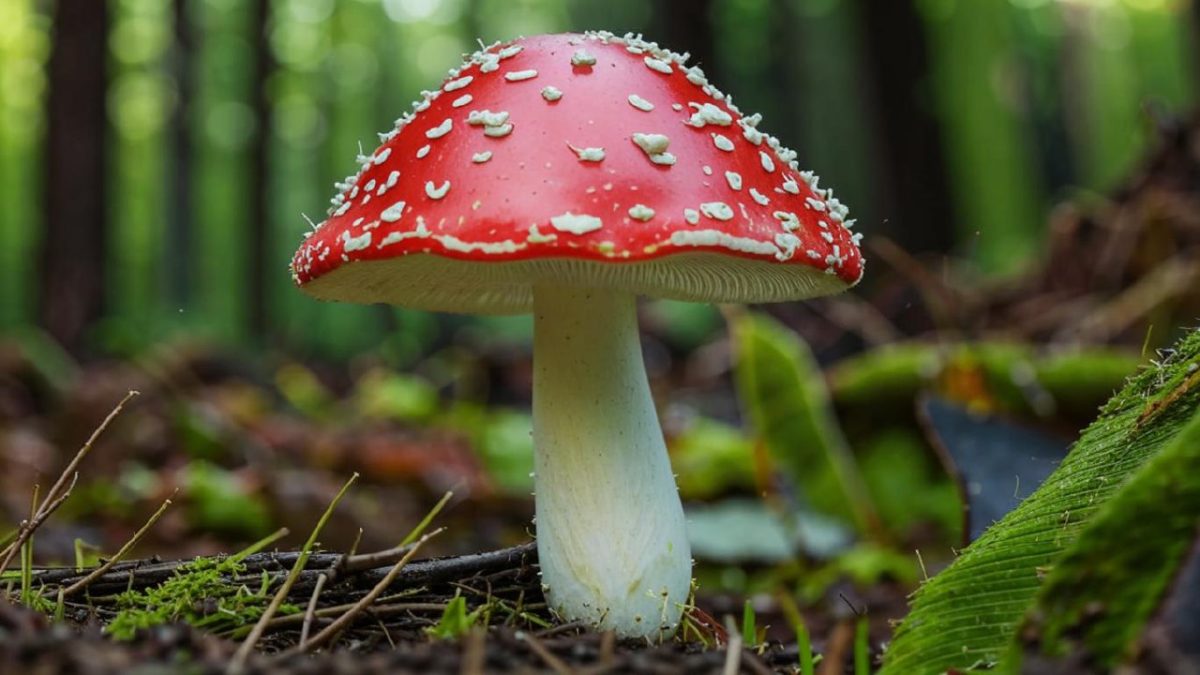 Яркий мухомор (Amanita Muscaria) с красной шляпкой и белыми пятнами.